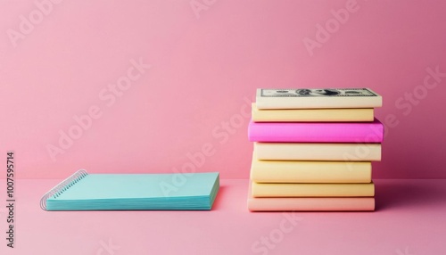 Colorful books stacked on a pink background with one book aside.