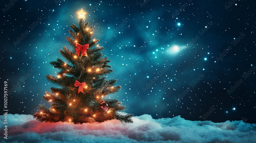 Beautifully illuminated Christmas tree, glowing with festive decorations, stands in snowy outdoors on a winter night, creating merry holiday atmosphere perfect for capturing the spirit of season. Beautifully illuminated Christmas tree, glowing with festive decorations, stands in snowy outdoors on a winter night, creating merry holiday atmosphere perfect for capturing the spirit of season.
