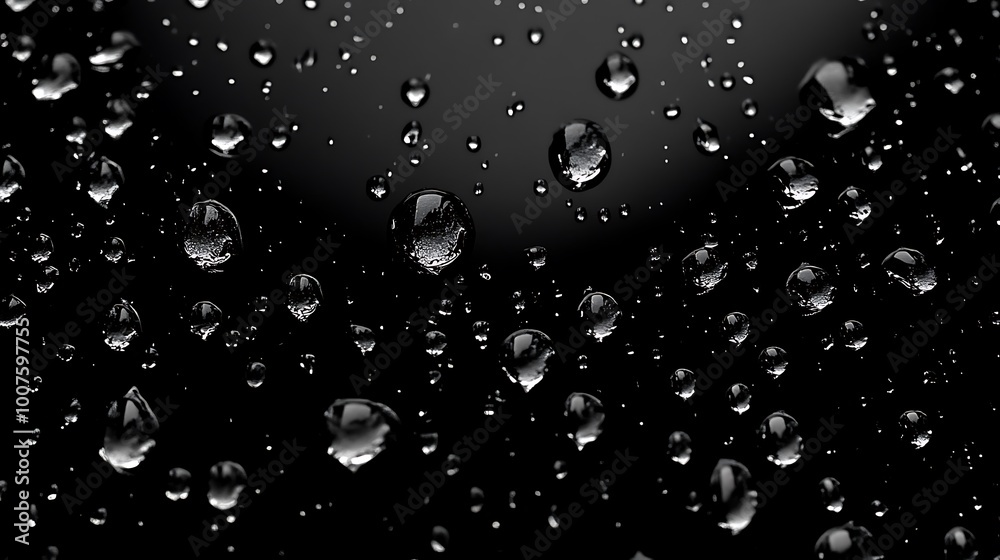 Water drops on a black background. Glass texture with droplets. Surface wet with dew. Abstract wallpaper in bubbles. Water drops on a black background. Glass texture with droplets. Surface wet with dew. Abstract wallpaper in bubbles.