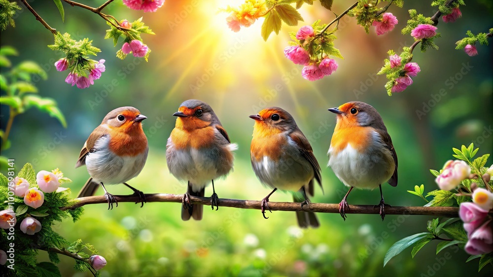 Adorable Small Birds Perched on Branches in a Natural Setting Surrounded by Lush Greenery and Flowers Adorable Small Birds Perched on Branches in a Natural Setting Surrounded by Lush Greenery and Flowers