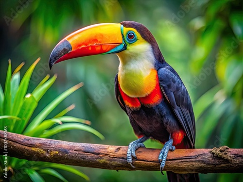 Adorable toucan perched on a branch showcasing its vibrant beak and colorful feathers in nature