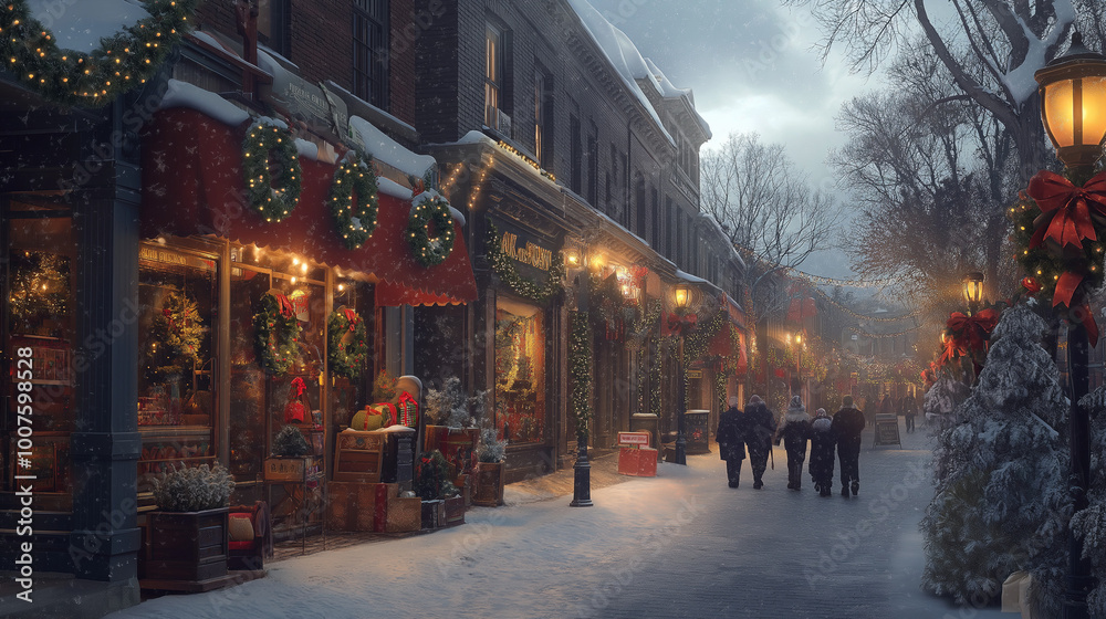 Festive Christmas Street with Decorated Storefronts Festive Christmas Street with Decorated Storefronts