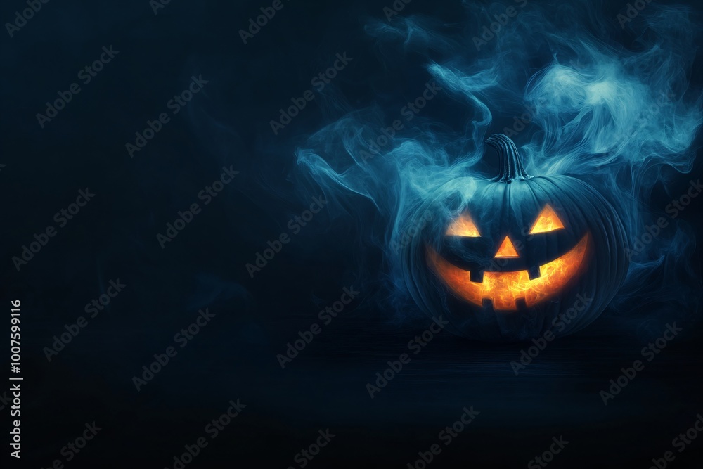 Naklejka premium Scary Halloween pumpkin with evil smiling face on dark mystic background with smoke. Spooky Jack o Lantern for autumn holidays. Creepy concept for design greeting card, banner, poster, invitation