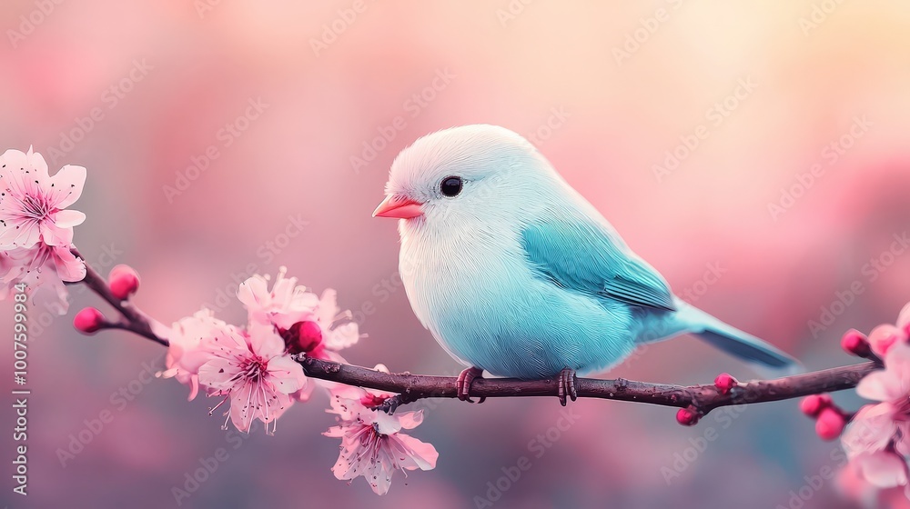 Fototapeta premium Cute Blue Bird Perched on a Branch with Pink Flowers in Spring