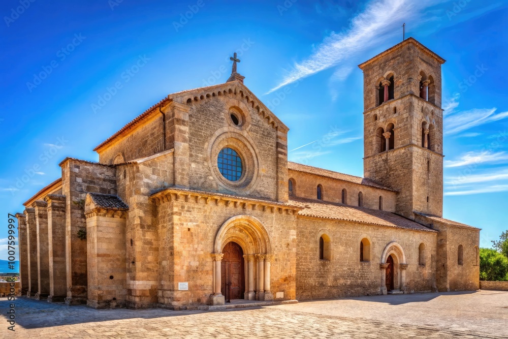 Fototapeta premium Ancient Santa Sabina Church in Sardinia under Clear Blue Sky - Romanesque and Byzantine Architecture