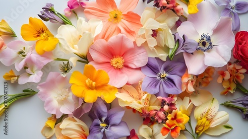 A close-up of a beautiful bouquet of fresh flowers, with vibrant colors and delicate petals, arranged artistically on a light solid color background