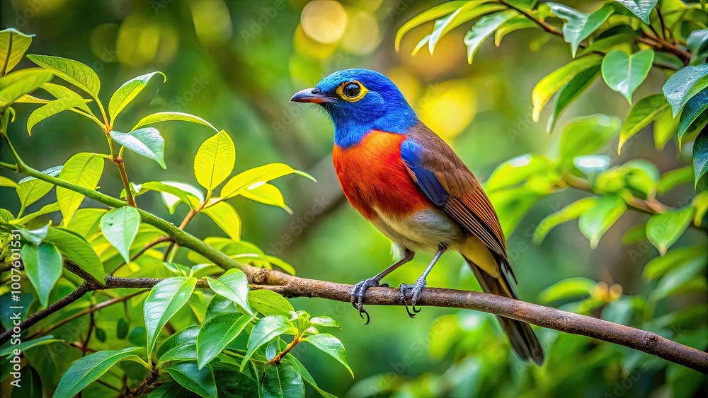 Obraz premium Beautiful Bird Perched on a Tree Branch Surrounded by Lush Green Leaves in Natural Habitat