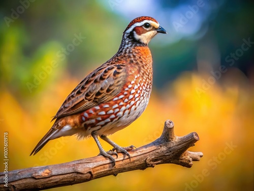 Beautiful Bobwhite Bird Perched on Branch in Natural Habitat with Soft Focus Background Effect photo