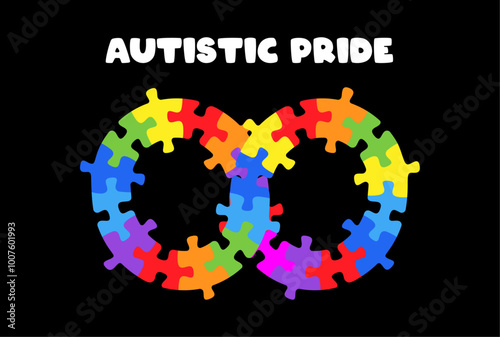 Autistic Pride Day. Colorful infinity puzzle vector isolated on black background.