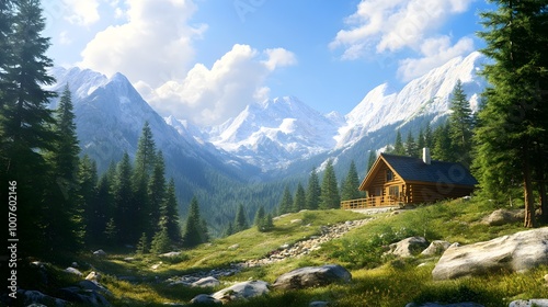 A cozy cabin nestled among pine trees, surrounded by majestic mountains and a clear blue sky