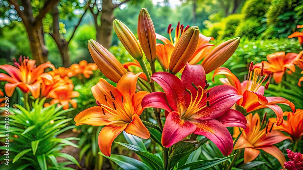 Beautiful Cuban Lily Plant with Vibrant Flowers and Lush Green Leaves in Natural Garden Setting Beautiful Cuban Lily Plant with Vibrant Flowers and Lush Green Leaves in Natural Garden Setting