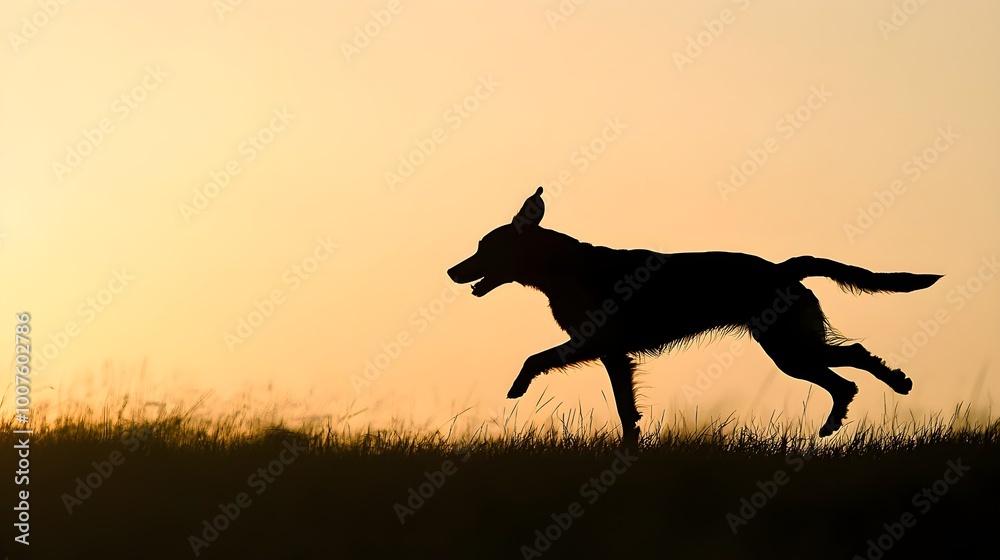 A graceful silhouette of a dog in mid-run, captured from the side, with ample copy space for text or branding A graceful silhouette of a dog in mid-run, captured from the side, with ample copy space for text or branding