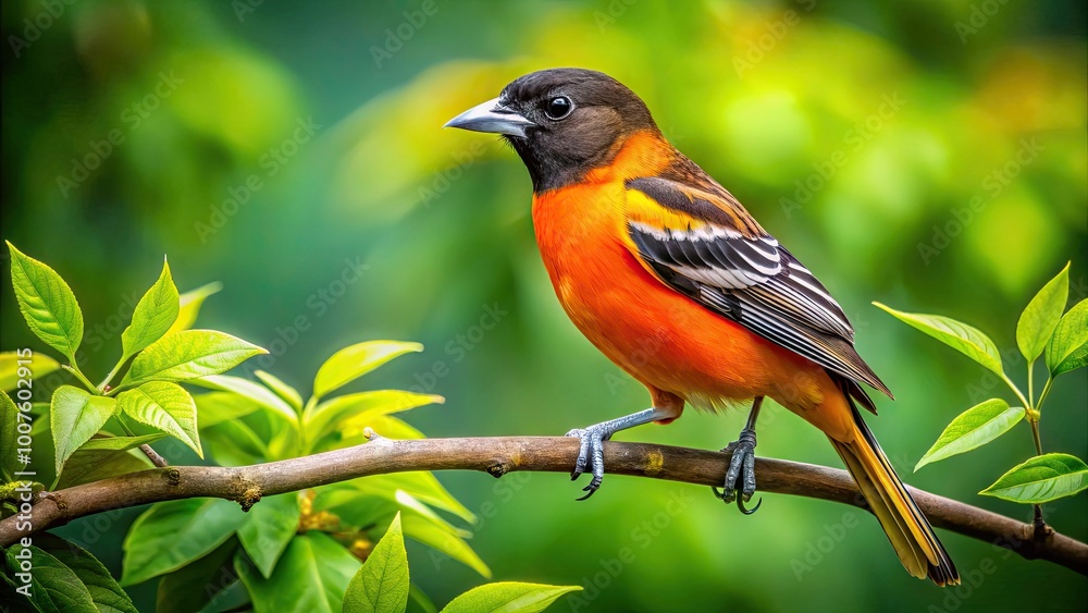 Beautiful Female Baltimore Oriole Perched on a Branch in a Lush Green Environment in Nature Beautiful Female Baltimore Oriole Perched on a Branch in a Lush Green Environment in Nature