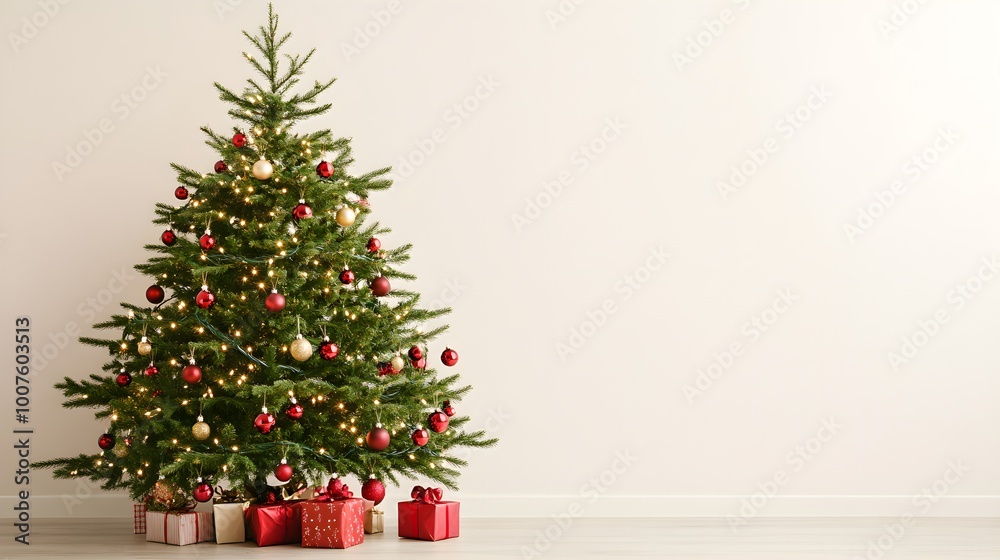 A beautifully decorated Christmas tree with sparkling lights and ornaments, set against a light solid color background, creating a festive atmosphere A beautifully decorated Christmas tree with sparkling lights and ornaments, set against a light solid color background, creating a festive atmosphere