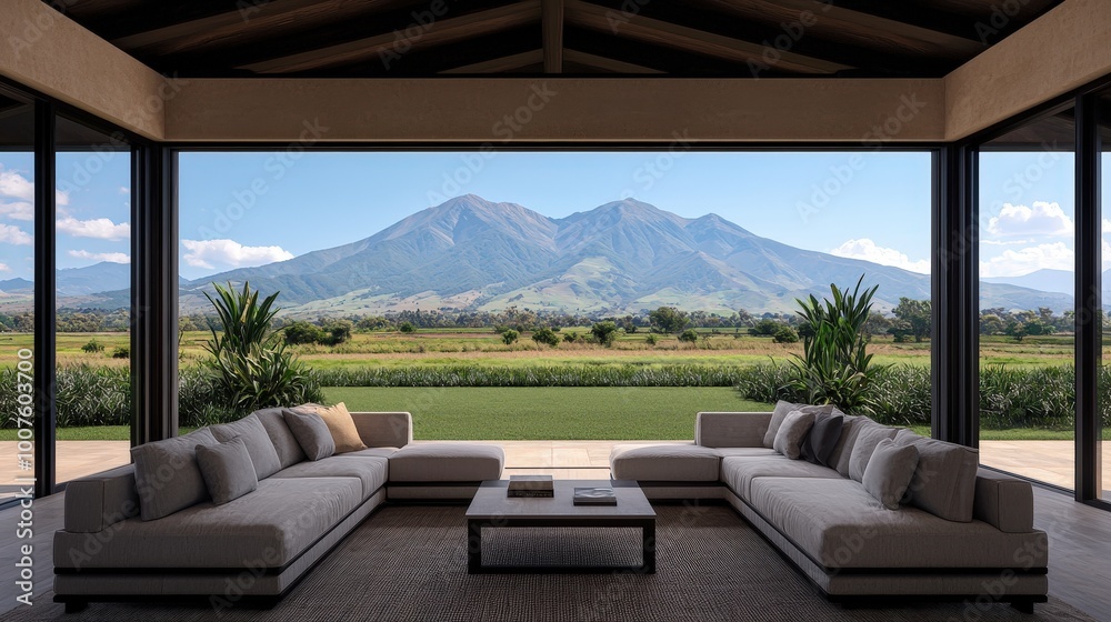Fototapeta premium Modern Living Room With Mountain View Sectional Sofa Patio Doors Contemporary Interior