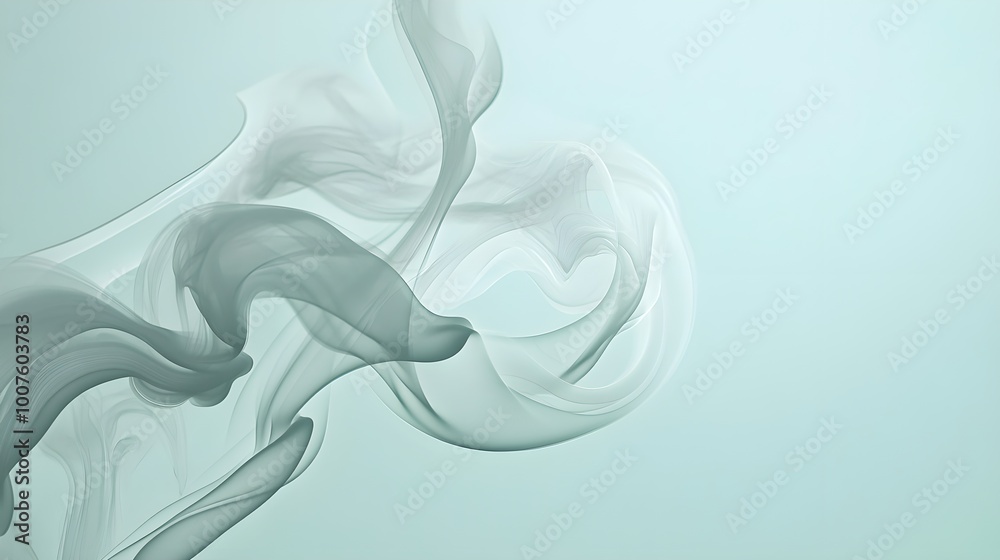 Soft gray smoke curls and swirls in the air, set against a pale blue background, evoking a calm and tranquil atmosphere Soft gray smoke curls and swirls in the air, set against a pale blue background, evoking a calm and tranquil atmosphere