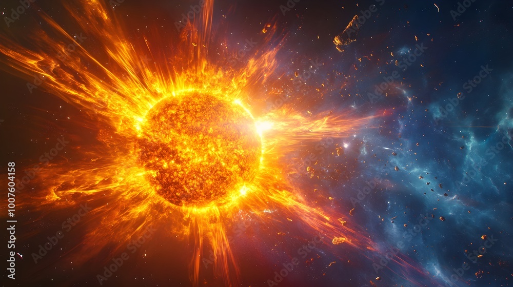 Fototapeta premium A close-up of the sun emitting radiant beams, surrounded by cosmic dust and a deep blue void