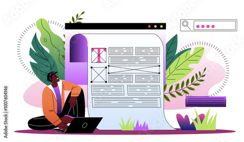 Copywriter online service. Man and woman create interesting articles for website pages. Promotion on social networks and Internet. Freelancer and remote worker. Flat vector illustration