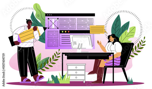 Team of copywriters online. Man and woman create interesting articles for website pages. Promotion on social networks and Internet. Flat vector illustration