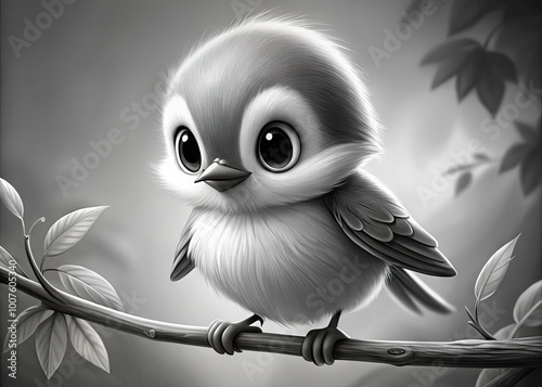 Black and White Illustration of a Stylized Tweety Bird Perched on a Branch with Playful Expression photo