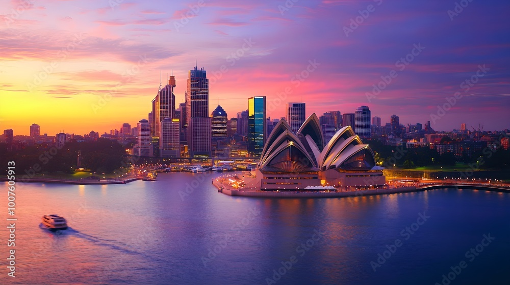 Obraz premium A vibrant city skyline at sunset, showcasing famous landmarks and a sense of adventure