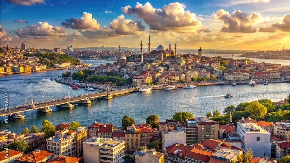 Fototapeta premium Breathtaking Istanbul City Panorama with Golden Horn Bay and Architectural Marvels of the City