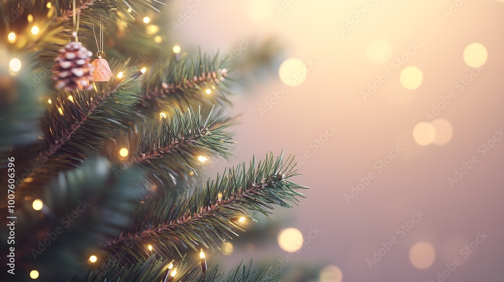 A realistic depiction of a Christmas tree with natural pine needles, showcasing handmade decorations and twinkling fairy lights on a soft pastel background A realistic depiction of a Christmas tree with natural pine needles, showcasing handmade decorations and twinkling fairy lights on a soft pastel background