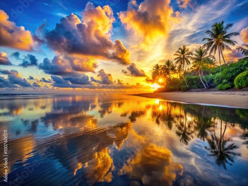 Breathtaking Panoramic Sunrise Over Tropical Beach with Vibrant Reflections and Tranquil Atmosphere