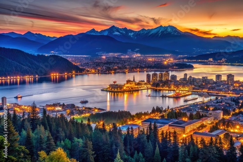 Breathtaking Vancouver Harbor Sunrise Panorama with Mountain View Over North Vancouver and City Port