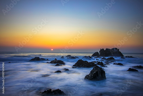 Morning view of waves on the beach rocks at Gyeongju-si, South Korea