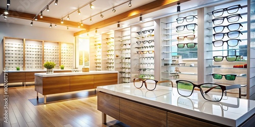 Bright and Modern Optician Store Interior with Display of Glasses and Eye Care Products for Customers