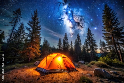 Bright Orange Tent Glowing in Dark Forest Under Starry Night Sky Illuminated by Moonlight