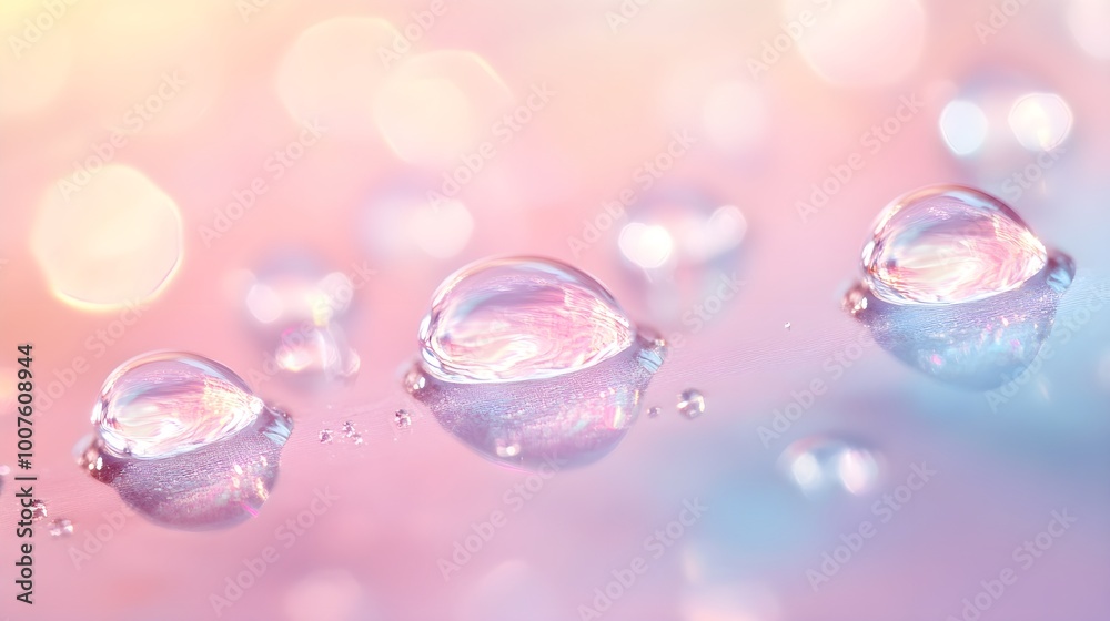 Fototapeta premium Crystal clear water droplets on a smooth surface, reflecting light, with a soft pastel background