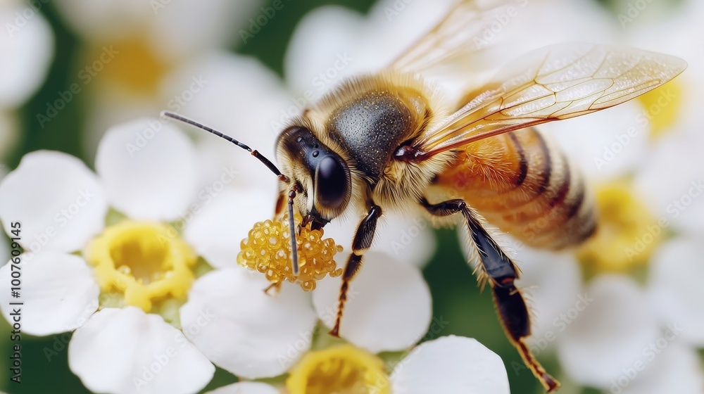 Honeybee Pollinating White Flower Close Up Macro Photography Honeybee Pollinating White Flower Close Up Macro Photography