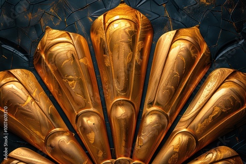 Golden Art Deco Palm Fan Pattern on Black Background photo