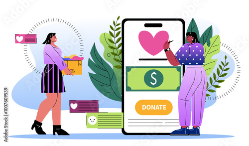 Women with donation. Young girls with money and box with clothes. Generosity and kindness. Charity fund activists and volunteers. Support from community and society. Flat vector illustration