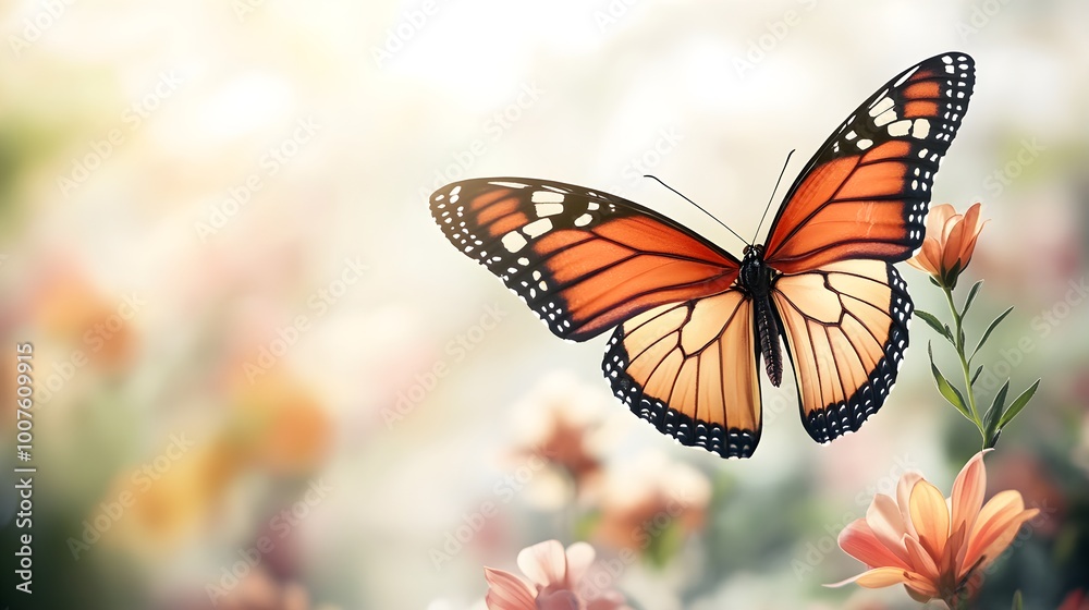 Fototapeta premium A realistic depiction of a butterfly in flight, showcasing intricate wing patterns, with a blurred floral background providing depth