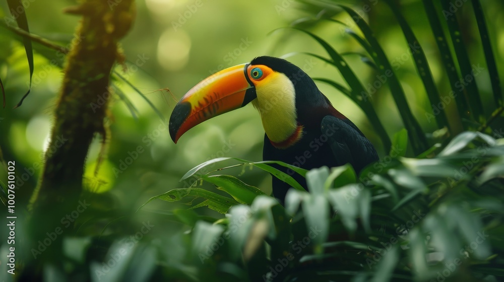 Obraz premium Intimate portrait of a toucan in a verdant forest, its iconic beak a splash of color against the all-green environment