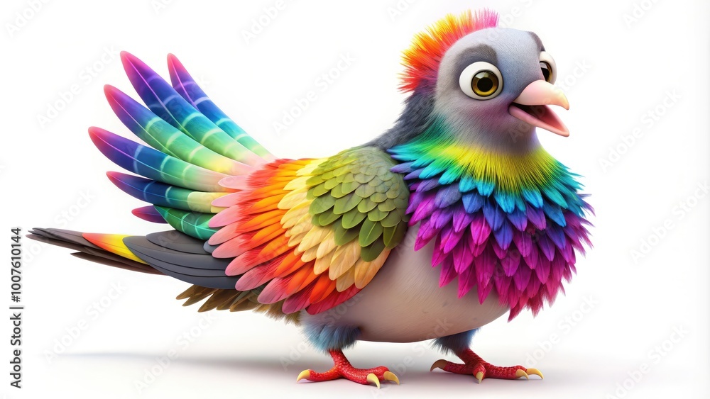 Cartoon Dove Bird Character with Cheerful Expressions and Colorful Feathers on a White Background Cartoon Dove Bird Character with Cheerful Expressions and Colorful Feathers on a White Background
