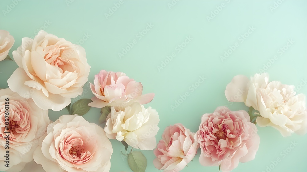 A delicate arrangement of pastel roses and peonies, watercolor style, against a soft mint green background A delicate arrangement of pastel roses and peonies, watercolor style, against a soft mint green background