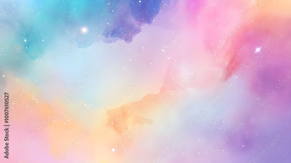 Fototapeta premium A vibrant watercolor galaxy with swirling stars and nebulae, set against a light pastel background for an ethereal look