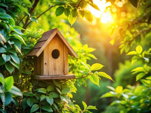 Charming Birdhouse Nestled Among Vibrant Green Leaves in a Serene Outdoor Setting