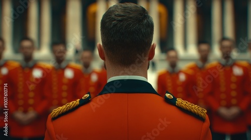 Man in Red Uniform Standing in Front of a Row of Men in Red Uniforms