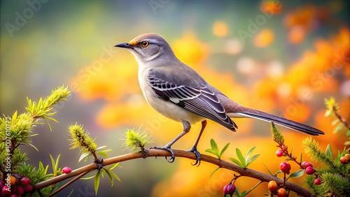 Charming Drawing of a Mockingbird Perched on a Branch in a Beautiful Natural Setting