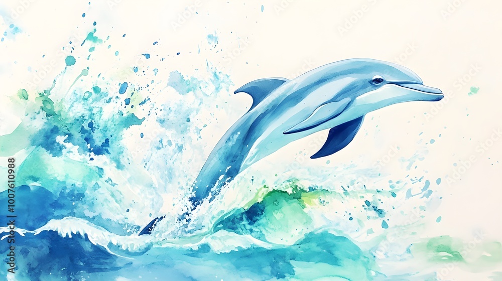 A serene watercolor depiction of a dolphin gracefully leaping through gentle ocean waves, with vibrant blues and greens blending together on a light solid color background A serene watercolor depiction of a dolphin gracefully leaping through gentle ocean waves, with vibrant blues and greens blending together on a light solid color background