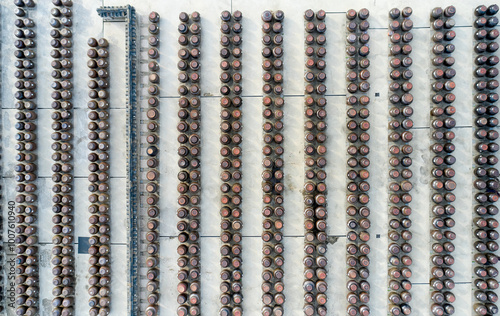 Seoil Farm, Anseong-si, Gyeonggi-do, South Korea - May 4, 2020: Aerial view of Crocks(Jangdok) at the farm. Jangdok is jar to contain soy sauce or red pepper paste photo