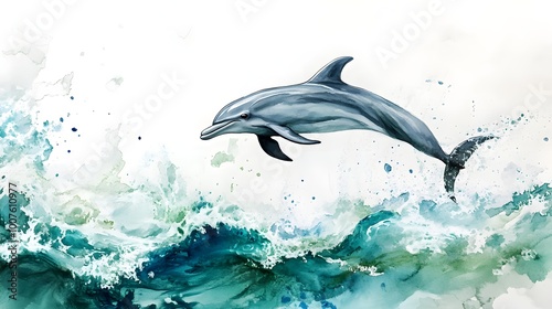 A serene watercolor depiction of a dolphin gracefully leaping through gentle ocean waves, with vibrant blues and greens blending together on a light solid color background photo