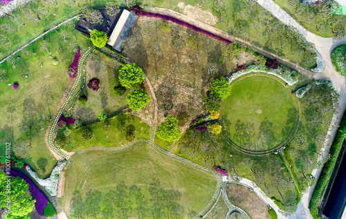 Seoil Farm, Anseong-si, Gyeonggi-do, South Korea - May 4, 2020: Aerial view of spring garden with trees and flowers photo