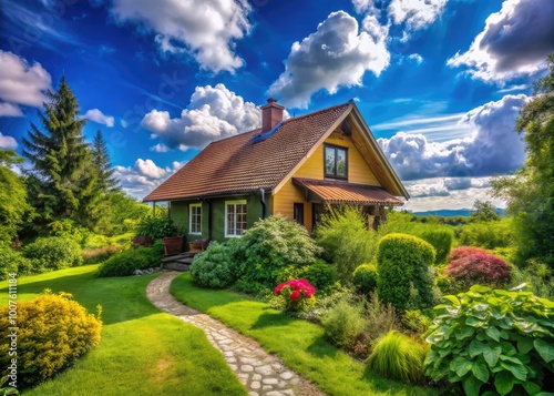 Charming Little House Surrounded by Lush Greenery and Blue Sky in a Peaceful Rural Setting