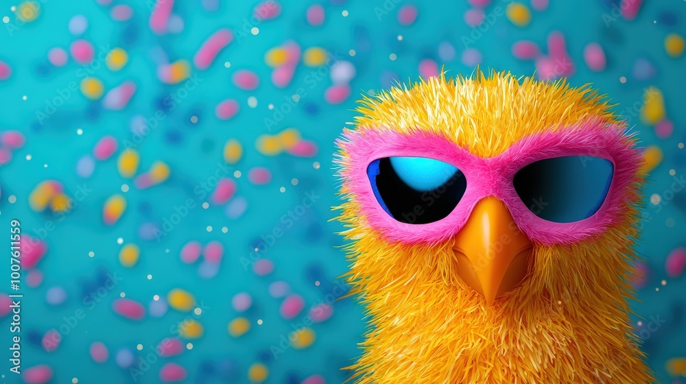 Cute Yellow Chick in Sunglasses Against Colorful Background Cute Yellow Chick in Sunglasses Against Colorful Background
